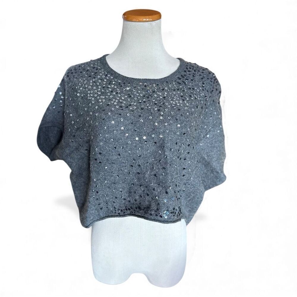 Womens Free People Oversized Stardust Sequin Batwing Gray Wool Sweater - L XL